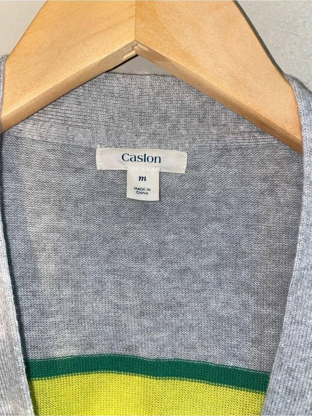 Caslon Striped 100% Cotton Button Front Cardigan Sweater Grey Yellow Green M